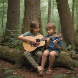 A young boy, emerged within a wild, verdant forest, gently playing a rustic guitar to a captivated girl.