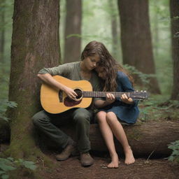 A young boy, emerged within a wild, verdant forest, gently playing a rustic guitar to a captivated girl.