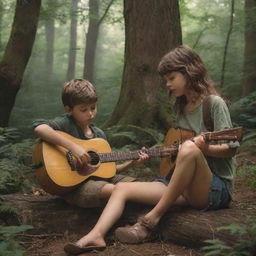 A young boy, emerged within a wild, verdant forest, gently playing a rustic guitar to a captivated girl.