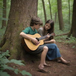 A young boy, emerged within a wild, verdant forest, gently playing a rustic guitar to a captivated girl.