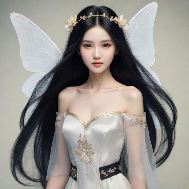 Illustrate a beautiful fairy with angular features and a high nose, wearing an old Chinese white dress. She has long, straight black hair that falls loosely and reaches her waist.