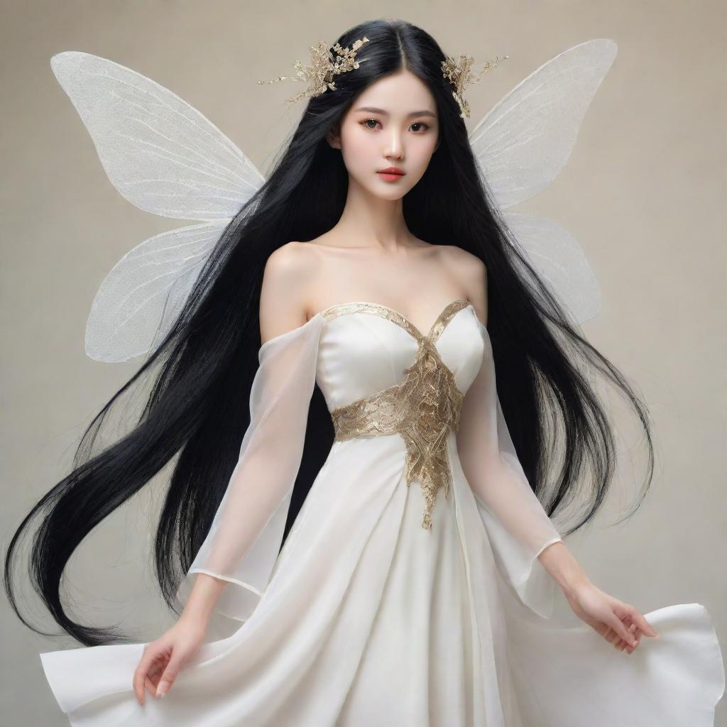 Illustrate a beautiful fairy with angular features and a high nose, wearing an old Chinese white dress. She has long, straight black hair that falls loosely and reaches her waist.