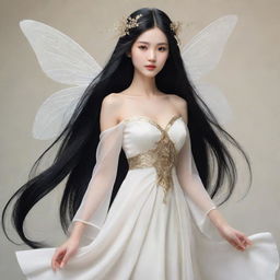 Illustrate a beautiful fairy with angular features and a high nose, wearing an old Chinese white dress. She has long, straight black hair that falls loosely and reaches her waist.