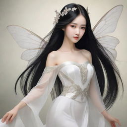 Illustrate a beautiful fairy with angular features and a high nose, wearing an old Chinese white dress. She has long, straight black hair that falls loosely and reaches her waist.