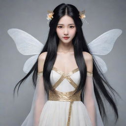 Illustrate a beautiful fairy with angular features and a high nose, wearing an old Chinese white dress. She has long, straight black hair that falls loosely and reaches her waist.