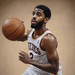 An captivating photorealistic artwork of Kyrie Irving, emphasizing his skill and style in basketball.