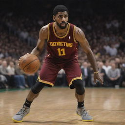 An captivating photorealistic artwork of Kyrie Irving, emphasizing his skill and style in basketball.