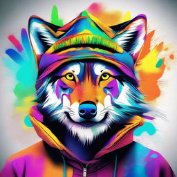 This vibrant digital art image presents a man wearing a unique wolf hat