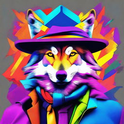 This vibrant digital art image presents a man wearing a unique wolf hat