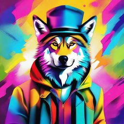 This vibrant digital art image presents a man wearing a unique wolf hat