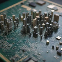 A unique world where everything is made from intricate Printed Circuit Boards (PCB), showcasing intricate electronic landscapes, structures, and entities.