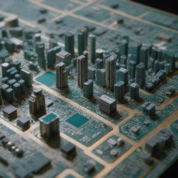 A unique world where everything is made from intricate Printed Circuit Boards (PCB), showcasing intricate electronic landscapes, structures, and entities.