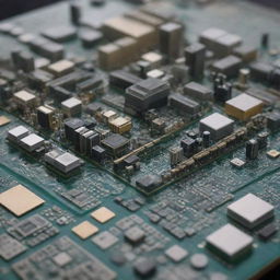 A unique world where everything is made from intricate Printed Circuit Boards (PCB), showcasing intricate electronic landscapes, structures, and entities.