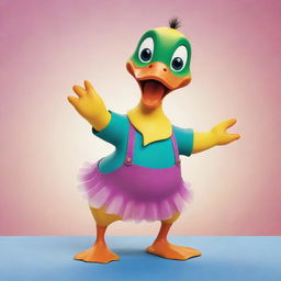 A colorful, playful depiction of a cartoon duck named 'Ducko Poco Loco', dancing and quacking cheerfully.