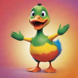 A colorful, playful depiction of a cartoon duck named 'Ducko Poco Loco', dancing and quacking cheerfully.