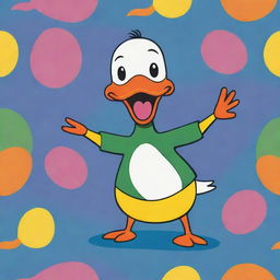 A colorful, playful depiction of a cartoon duck named 'Ducko Poco Loco', dancing and quacking cheerfully.