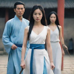 Portray a beautiful and aloof female warrior with angular features and a high nose. She has long straight hair reaching her waist, with no accessories. She's in a simple white dress (old Chinese style), holding a simple sword. Beside her is her lover in blue outfit, with three bodyguards in the background.