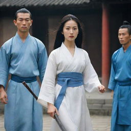 Portray a beautiful and aloof female warrior with angular features and a high nose. She has long straight hair reaching her waist, with no accessories. She's in a simple white dress (old Chinese style), holding a simple sword. Beside her is her lover in blue outfit, with three bodyguards in the background.