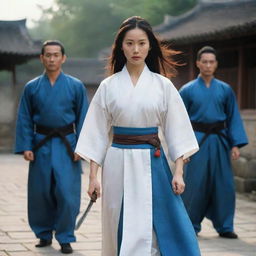 Portray a beautiful and aloof female warrior with angular features and a high nose. She has long straight hair reaching her waist, with no accessories. She's in a simple white dress (old Chinese style), holding a simple sword. Beside her is her lover in blue outfit, with three bodyguards in the background.