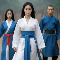 Portray a beautiful and aloof female warrior with angular features and a high nose. She has long straight hair reaching her waist, with no accessories. She's in a simple white dress (old Chinese style), holding a simple sword. Beside her is her lover in blue outfit, with three bodyguards in the background.