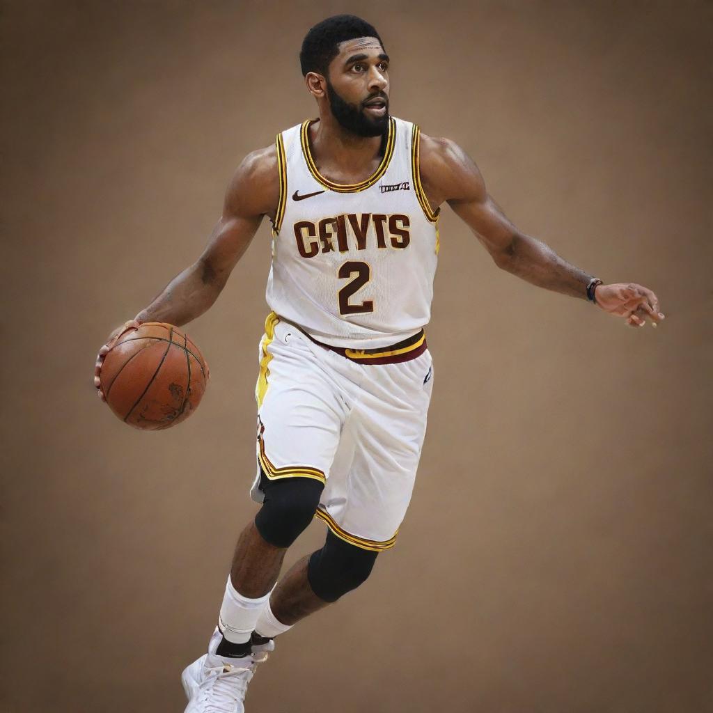 Artistic rendering of Kyrie Irving in a dynamic basketball action shot, showcasing his skill and athleticism.