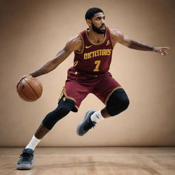 Artistic rendering of Kyrie Irving in a dynamic basketball action shot, showcasing his skill and athleticism.