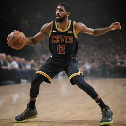 Artistic rendering of Kyrie Irving in a dynamic basketball action shot, showcasing his skill and athleticism.