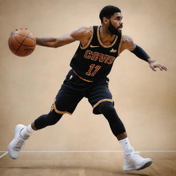 Artistic rendering of Kyrie Irving in a dynamic basketball action shot, showcasing his skill and athleticism.