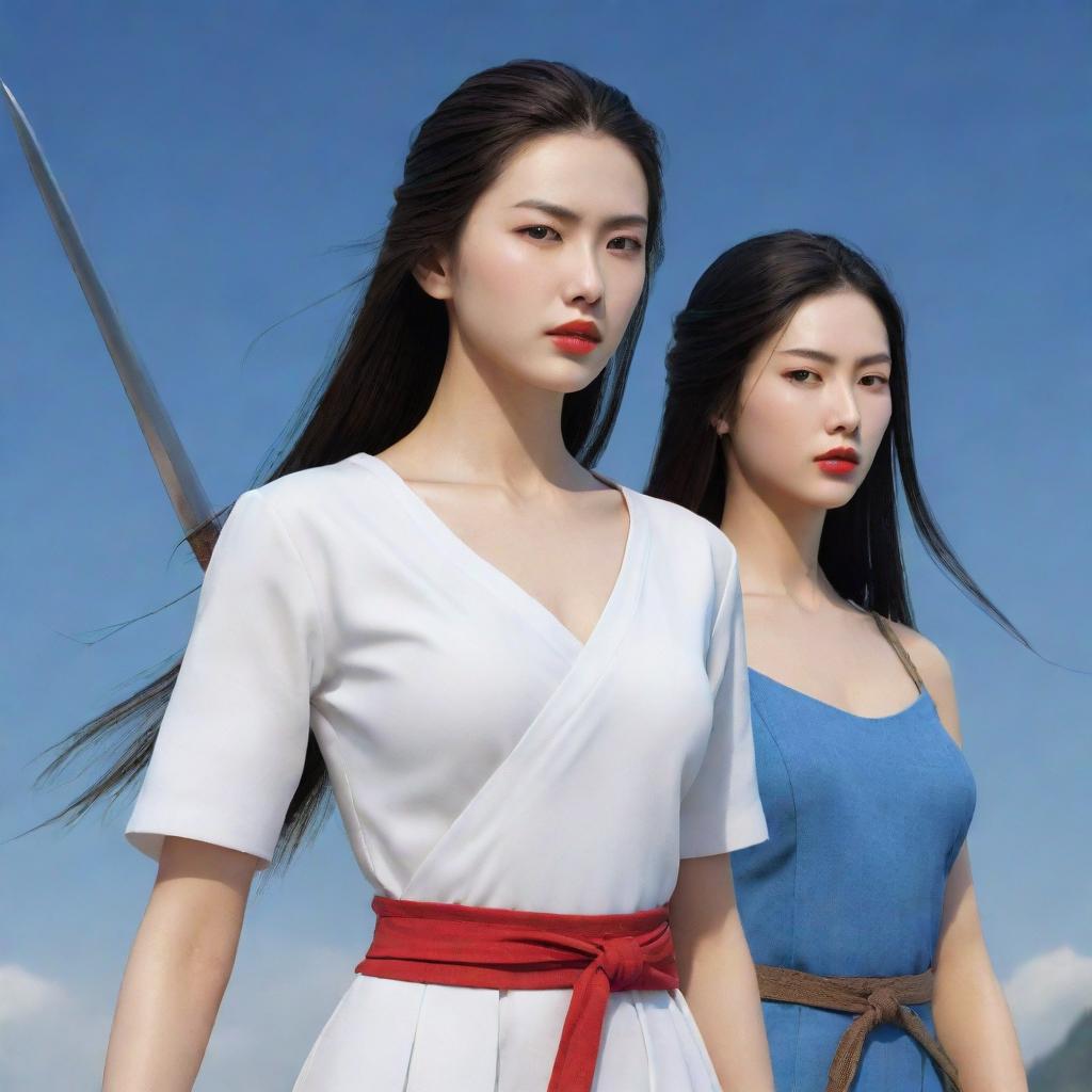 Render a beautiful and stoic female warrior with angular features, a high nose, and red lips. Her long straight hair falls loosely to her waist, with no accessories. Dressed like Xiaolongnü in a simple white dress, she holds a simple sword. Beside her is her handsome lover with long hair, in a blue outfit.