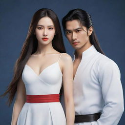 Render a beautiful and stoic female warrior with angular features, a high nose, and red lips. Her long straight hair falls loosely to her waist, with no accessories. Dressed like Xiaolongnü in a simple white dress, she holds a simple sword. Beside her is her handsome lover with long hair, in a blue outfit.