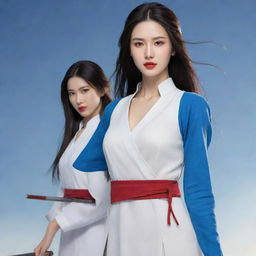 Render a beautiful and stoic female warrior with angular features, a high nose, and red lips. Her long straight hair falls loosely to her waist, with no accessories. Dressed like Xiaolongnü in a simple white dress, she holds a simple sword. Beside her is her handsome lover with long hair, in a blue outfit.