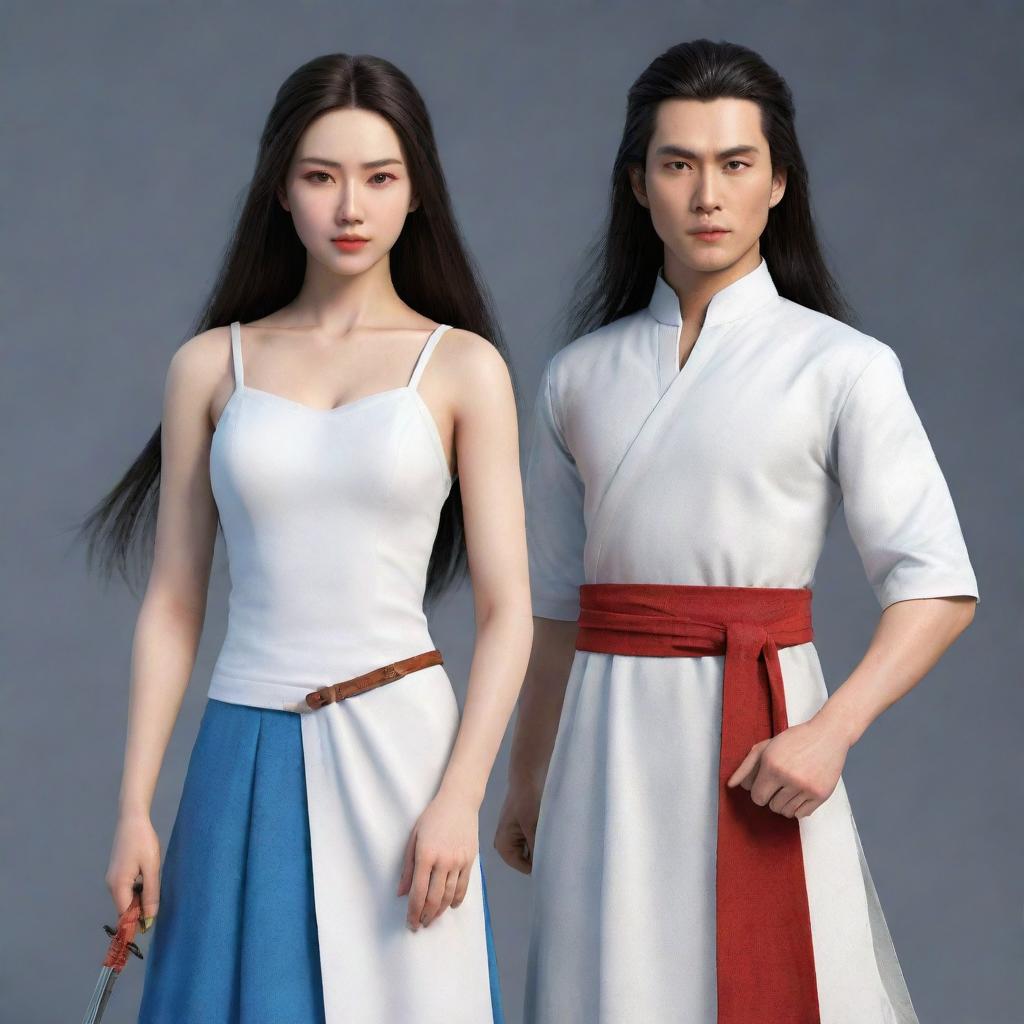 Render a beautiful and stoic female warrior with angular features, a high nose, and red lips. Her long straight hair falls loosely to her waist, with no accessories. Dressed like Xiaolongnü in a simple white dress, she holds a simple sword. Beside her is her handsome lover with long hair, in a blue outfit.