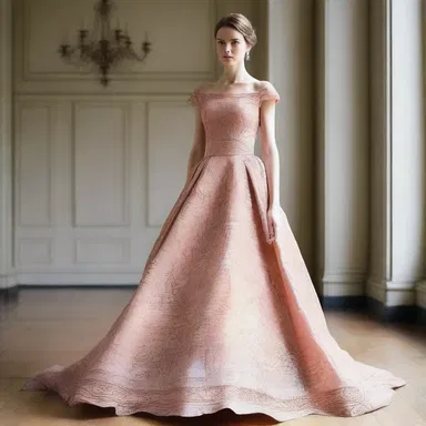 The designer used a copperplate pattern in the fabric to give the dress a vintage and elegant look.