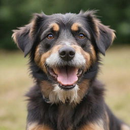 A friendly dog of an undefined breed with a distinctive, scruffy beard, looking playful and curious.