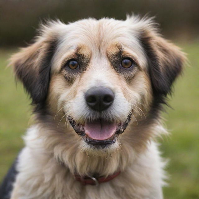 A friendly dog of an undefined breed with a distinctive, scruffy beard, looking playful and curious.