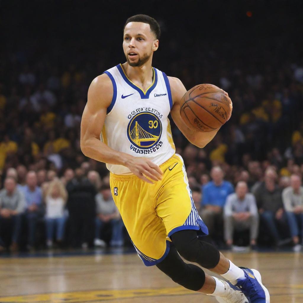 Artistic portrayal of Stephen Curry playing basketball, showing his unique style and precision.