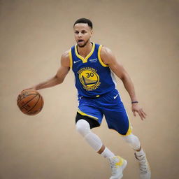 Artistic portrayal of Stephen Curry playing basketball, showing his unique style and precision.