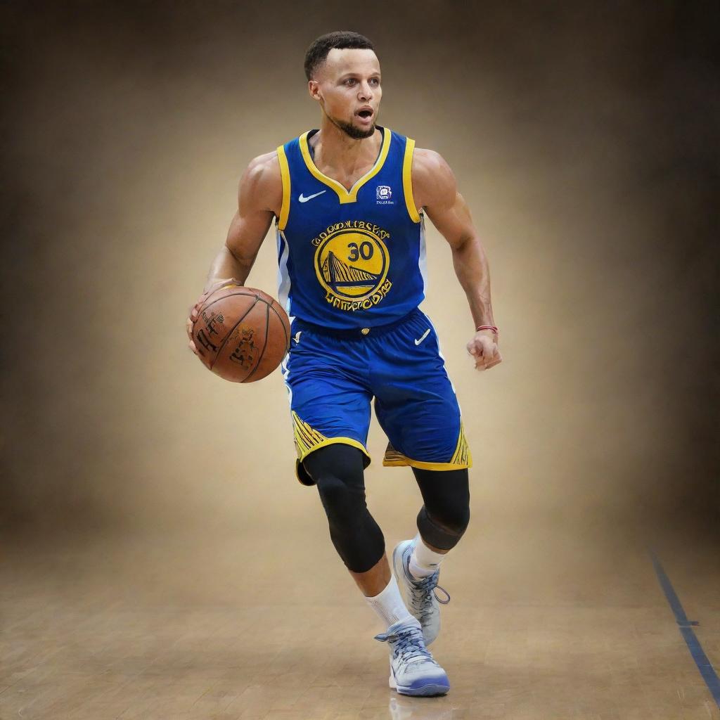 Artistic portrayal of Stephen Curry playing basketball, showing his unique style and precision.