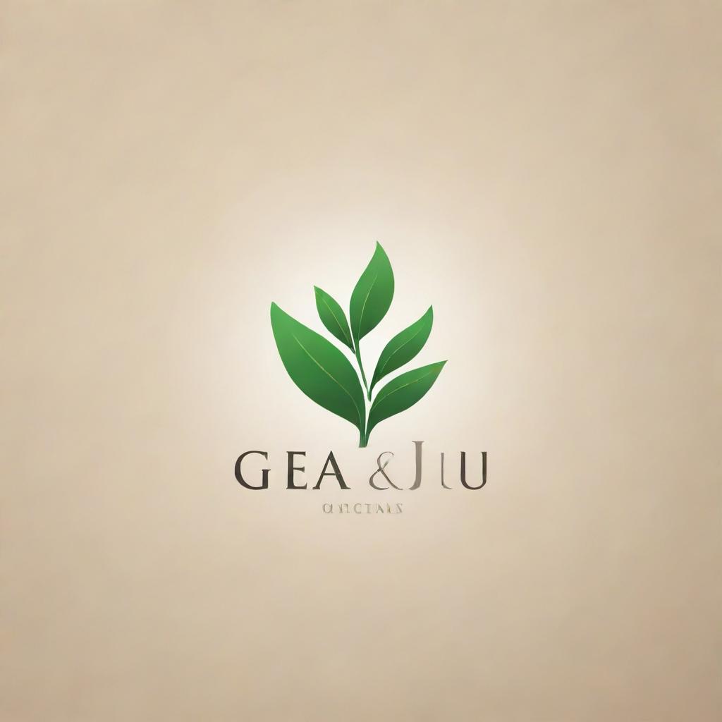 Design a sleek and elegant logo for a tea company named 'Gju'. Incorporate the elements of tea leaves and a relaxing tea-time ambiance.