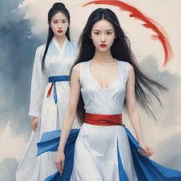 Illustrate a beautiful yet stoic female warrior with an angular face, high nose and red lips. Her long, straight hair falls to her waist without accessories. She is clad in a simple Chinese fairy tale-like white dress and holds a simple sword. Beside her stands her handsome young lover with long hair, dressed in blue.