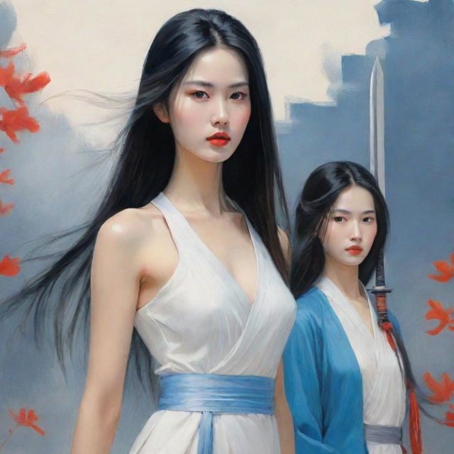 Illustrate a beautiful yet stoic female warrior with an angular face, high nose and red lips. Her long, straight hair falls to her waist without accessories. She is clad in a simple Chinese fairy tale-like white dress and holds a simple sword. Beside her stands her handsome young lover with long hair, dressed in blue.