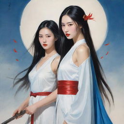 Illustrate a beautiful yet stoic female warrior with an angular face, high nose and red lips. Her long, straight hair falls to her waist without accessories. She is clad in a simple Chinese fairy tale-like white dress and holds a simple sword. Beside her stands her handsome young lover with long hair, dressed in blue.