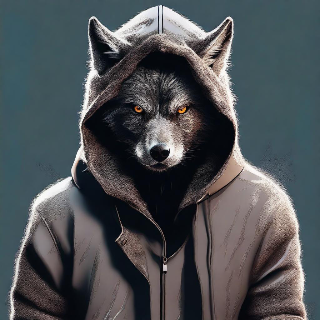 A high-quality digital art image captures a man wearing a unique hoodie designed to resemble a werewolf