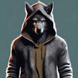 A high-quality digital art image captures a man wearing a unique hoodie designed to resemble a werewolf