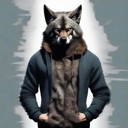 A high-quality digital art image captures a man wearing a unique hoodie designed to resemble a werewolf