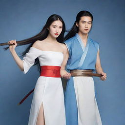 Illustrate a beautiful yet stoic female warrior with an angular face, high nose and red lips. Her long, straight hair falls to her waist without accessories. She is clad in a simple Chinese fairy tale-like white dress and holds a simple sword. Beside her stands her handsome young lover with long hair, dressed in blue.