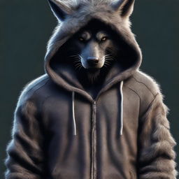 A high-quality digital art image captures a man wearing a unique hoodie designed to resemble a werewolf