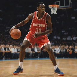 Artistic interpretation of Raymond Chaaya in a basketball scenario, displaying his dexterity and passion for the game.