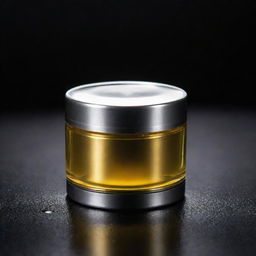 Silver piston submerged in shimmering golden oil, set against a dramatic dark background.