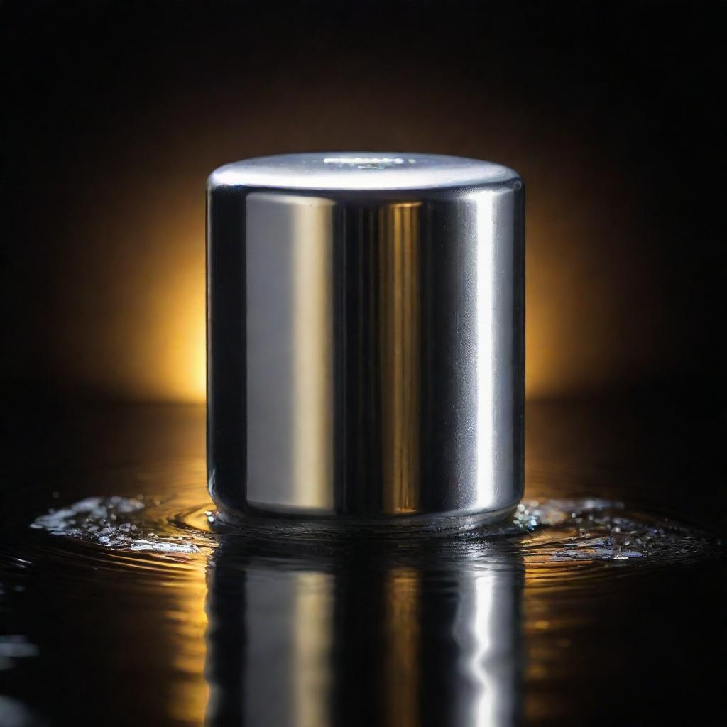 Silver piston submerged in shimmering golden oil, set against a dramatic dark background.